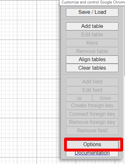 Click on Options in WWW SQL Designer