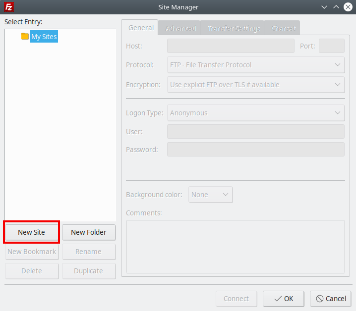 Filezilla create new site