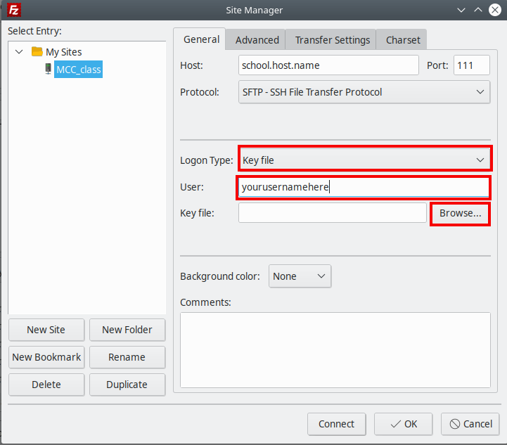 Filezilla set Username then Browse for Key file