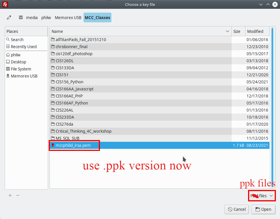 Filezilla choose ppk file