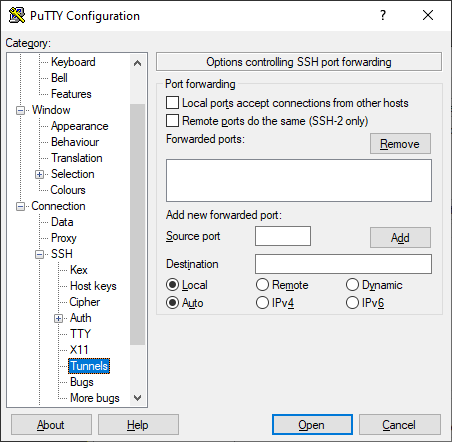 Step two of setting up a putty ssh tunnel