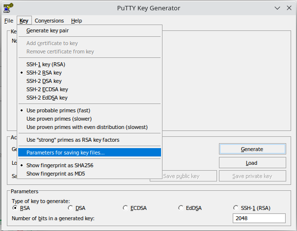 Choose parameters for saving key files
