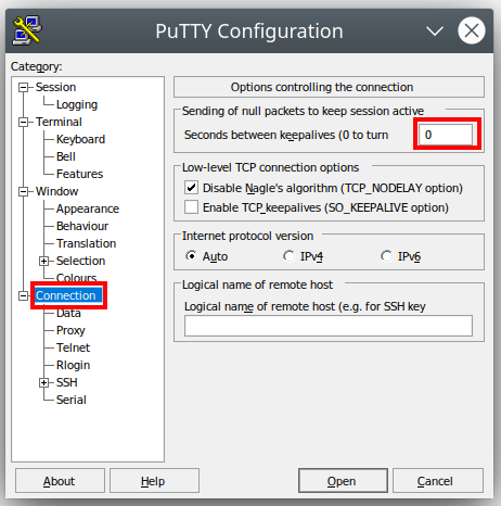 Going to the Connection option to set the seconds between Keep alives