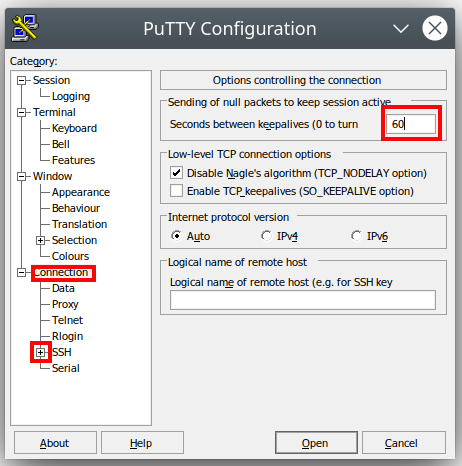 Set the Keepalives to 60 and then choose the + sign by SSH