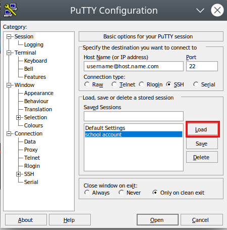 Load saved putty session