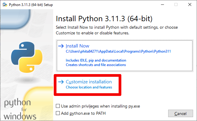 Choose custom install with windows Python Installer