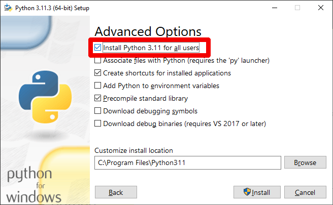 Make sure to check the Install Python for All users, button